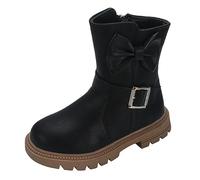 Bottes mi-mollet en cuir pour filles avec talon bloc et semelle souple et nœud papillon, chaudes, confortables, décontractées, à lacets, chaussures élégantes pour enfants pour grands enfants UK, Noir
