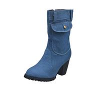 Bottes mi-mollet en denim pour femme, talon bloc, bleu grande taille talon haut mi-bottes de marche, bleu, 39.5 EU