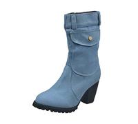 Bottes mi-mollet en denim pour femme, talon bloc, bleu grande taille talon haut mi-bottes de marche, bleu clair, 40 EU