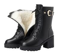 Bottes mi-mollet en similicuir pour femme - Bottes de neige d'hiver doublées en polaire chaude - Bottines larges à lacets avec boucles de ceinture et talon bas pour femme - Chaussures antidérapantes