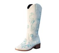 Bottes Mi-Mollet Femmes Mollet Large Cowboy Western Botte Talon Épais À Talon Bas Mi-Mollet Tntrée Facile Brodé Classiques Boots Style Rétro Chaude Antidérapantes Bottines Automne Hiver Causal