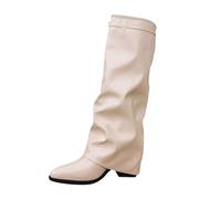 Bottes mi-mollet mollet souples pour femme - Talon bas - Talon bloc - Bout pointu - Antidérapantes - Chaussures décontractées avec boucle - Chaussures de marche pour fêtes et événements, blanc, 40.5