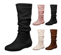 Bottes mi-mollet plates en daim pour femme - Bottes mi-mollet classiques à talons bas avec fermeture éclair latérale - Coupe large - Bottes plates confortables - Bottes western vintage - Grande taille