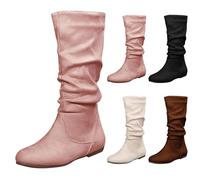 Bottes mi-mollet plates en daim pour femme - Bottes mi-mollet classiques à talons bas avec fermeture éclair latérale - Coupe large - Bottes plates confortables - Bottes western vintage - Grande taille