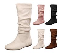 Bottes mi-mollet plates en daim pour femme - Bottes mi-mollet classiques à talons bas avec fermeture éclair latérale - Coupe large - Bottes plates confortables - Bottes western vintage - Grande taille