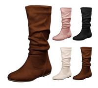 Bottes mi-mollet plates en daim pour femme - Bottes mi-mollet classiques à talons bas avec fermeture éclair latérale - Coupe large - Bottes plates confortables - Bottes western vintage - Grande taille