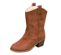 Bottes mi-mollet pour femme à talon bloc | Bottes western mi-mollet | Bottes imprimées rétro | Bottes de marche à bout pointu | Bottines à enfiler sous le genou | Bottines extensibles à talon bas |