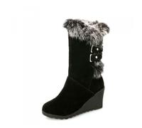 Bottes Mi-Mollet pour Femme Bordées De Fausse Fourrure avec Bride Boucle Talons Compensés Dessus en Daim Bout Rond À Enfiler Chaussures Hiver Décontractées,Noir,37.5 EU