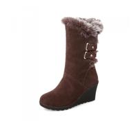 Bottes Mi-Mollet pour Femme Bordées De Fausse Fourrure avec Bride Boucle Talons Compensés Dessus en Daim Bout Rond À Enfiler Chaussures Hiver Décontractées,Marron,36 EU