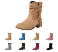 Bottes mi-mollet pour femme - Bottines larges en daim pour femme - Bottines à talon bas à enfiler avec pompons - Chaussures de marche confortables à talon court et épais - Chaussures de cowgirl et