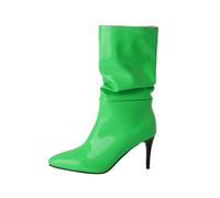 Bottes Mi-Mollet pour Femme Effet Plissé Motif Crocodile Brillant Bout Pointu Talons Aiguilles Hauts À Enfiler Dessus Cuir Verni Chaussures Habillées,Vert,37.5 EU