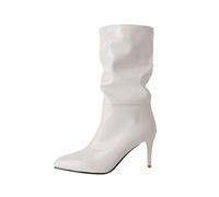Bottes Mi-Mollet pour Femme Effet Plissé Motif Crocodile Brillant Bout Pointu Talons Aiguilles Hauts À Enfiler Dessus Cuir Verni Chaussures Habillées,Blanc,37.5 EU
