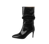 Bottes Mi-Mollet pour Femme Effet Plissé Motif Crocodile Brillant Bout Pointu Talons Aiguilles Hauts À Enfiler Dessus Cuir Verni Chaussures Habillées,Noir,41 EU