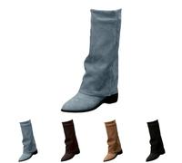 Bottes mi-mollet pour femme - Pliables - En toile de denim teint sur nœuds - Plateforme - Talons bas - Bout pointu - À enfiler - Décontractées, légères et confortables - Bottes de cowboy occidentales