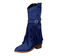 Bottes mi-mollet pour femme Printemps et Automne Grande taille Tassel Talon épais Mode Moto Western Cowboy Boucle de ceinture Bottes mi-mollet Bottes de cowboy pour femme 10, bleu, 40 EU