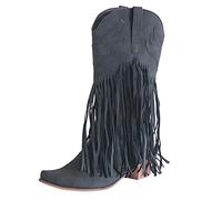 Bottes Mi-Mollet pour Femmes avec Talon Bas Marchant Chaussures Montantes Pointu Knee Frange Boots à Boucle Tendance Longue Mode Botte Vintage Marche Chaussures Occidentales Classiques Western
