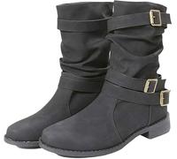 Bottes mi-mollet pour femmes, largeur large, design plissé, talon bas, avec boucles décoratives, bottes motardes, bottes militaires classiques, bottines à bout rond, confortables (42,Gris foncé)