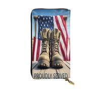 Bottes militaires devant le drapeau Portefeuille long en cuir pour femme 12 emplacements pour cartes de crédit Poche zippée pour pièces de monnaie Compartiments pour espèces Pochette élégante pour un