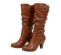 Bottes molles à hauteur du genou avec sangles à boucle et talon épais pour femme, jaune, 39 EU | Bottes montantes froncées pour femme avec boucles croisées pour un usage quotidien offrant un confort décontracté et stable