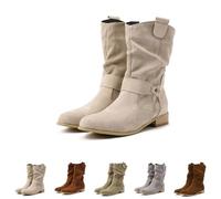 Bottes Mollets Larges Femme Bottines de Cowboy Motard Demi Mollets Plissées Basses Courtes Chaussures Hiver Boots Plates Moto Vintage Boot Equitation Confort Santiags Haute Botte Femmes