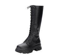 Bottes montantes à lacets pour femme - Bottes de motard à talon haut et épais - Bottes militaires à lacets en cuir noir uni - Bottes montantes pour femme - Semelle épaisse - Bottes de combat de