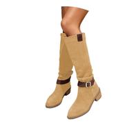 Bottes montantes au genou, mode d'hiver, bout pointu, pantoufles à talon bloc, bottes western pour plus de confort par temps froid, kaki, 43 EU