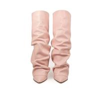 Bottes montantes au genou pour femme - Bout pointu tendance - Talon épais - Bottes empilées décontractées avec tige pliée pour les sorties décontractées, les fêtes et les voyages, Rose, 34 EU