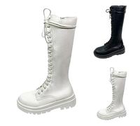 Bottes montantes au genou pour femme - Confortables - Talon épais - Bout rond - Lacets - Fermeture éclair latérale - Chaussures d'équitation durables et tendance - Bottes de combat, blanc, 40.5 EU