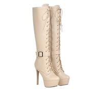 Bottes montantes au genou pour femme - Talon fin - À lacets - Fermeture éclair latérale - En cuir synthétique, beige, 38 EU