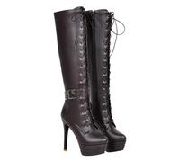Bottes montantes au genou pour femme - Talon fin - À lacets - Fermeture éclair latérale - En cuir synthétique, marron, 38 EU