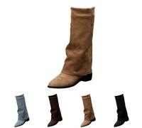 Bottes montantes en daim pour femme - Bottes western mi-mollet bas bloc à bout pointu - Bottes hautes à talon bloc - Bottines d'équitation tendance pour l'automne - Bottines longues rétro de cowgirl