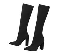 Bottes montantes en tricot pour femme - Talon bloc épais - Bout pointu - Extensible - À enfiler au-dessus du genou, Noir , 37.5 EU