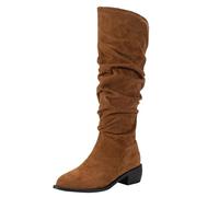 Bottes montantes marron pour femme - Bottines plates en daim froncé - Bottes d'hiver confortables pour femme - Coupe large - Taille 42 - Talon bas - Cuir britannique, pu, 42 EU