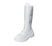 Bottes montantes pour femme à talon bloc brodé, fermeture éclair latérale, Blanc., 43 EU