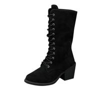 Bottes montantes pour femme, chaussures à talon bloc à lacets pour femme, chaussures mi-mollet rétro à bout pointu, chaussures tendance vintage, gothique, punk, festival, fête, bottes habillées