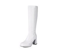 Bottes montantes pour femme en cuir verni à talon épais avec fermeture éclair latérale, doublure en polaire chaude, bottes tendance pour femme, chaussures confortables à talon bloc, 2 blanches., 39 EU