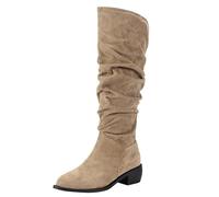 Bottes montantes pour femme, talon bloc épais à enfiler avec panneau extensible, cuir daim, confortable, voyage, travail, rendez-vous quotidien, essentiels, tendance, automne, hiver, kaki, 39.5 EU