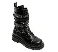 Bottes motardes à boucles et clous, style rock, noir ou marron, couleur unie, décontracté, incrustation de rivets à boutons pour l'extérieur Découvrez des bottes motards qui se démarquent par leur all