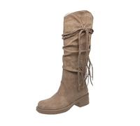 Bottes moyennes pour femme - Automne et hiver - En daim - Grandes tailles - Bottes western épaisses doublées - Bottes à lacets avec talon épais - Bottes de cowboy tendance en denim, or, 37 EU