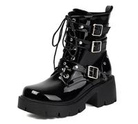 Bottes Plateforme À Talon Épais en Cuir Verni À Lacets avec Triple Boucles Zip Latéral pour Looks Punk Rock Et Scène,Black Patent,40 EU