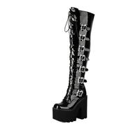 Bottes Plateformes Gothiques Femme Haute au Genou en Cuir Verni Noir, Talon Large, Multi-Boucles, Style Combat Punk pour Tenues Streetwear et Sorties,Black Patent,43 EU