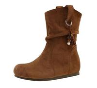 Bottes plates en daim pour femme - Bottines pour femme - Automne - Sans talon - Bottes d'hiver courtes - Bottes de cowboy - Bout rond - Bottes à enfiler - Bottes douces et confortables - Bottes