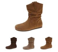 Bottes plates en daim pour femme - Bottines pour femme - Automne - Sans talon - Bottes d'hiver courtes - Bottes de cowboy - Bout rond - Bottes à enfiler - Bottes douces et confortables - Bottes