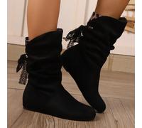Bottes plates mi-mollet à lacets dans le dos pour femmes, grande taille, bottes noires à bout rond slim, style western avec boucle, fermeture éclair latérale, œillets métalliques, convient pour les va