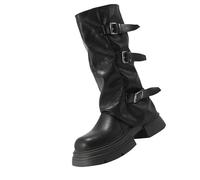 Bottes pliantes pour femmes, bottes mollets souples à coupe large, talon bas, mi-mollet, bout rond, bas épais, talons épais, chaussures d'équitation à enfiler pour femmes et filles, Noir , 37.5 EU