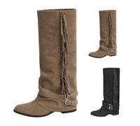 Bottes pour femme avec talon et franges - Bottes à enfiler - Bottes pliantes en daim - Bottes longues rabattables - Bottes de cowboy classiques pointues - Bottes western, kaki, 37 EU