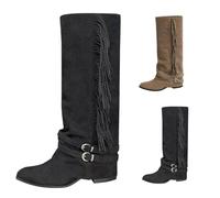 Bottes pour femme avec talon et franges - Bottes à enfiler - Bottes pliantes en daim - Bottes longues rabattables - Bottes de cowboy classiques pointues - Bottes western, Noir , 36 EU