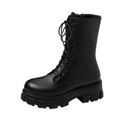 Bottes pour femme - Bottines à lacets - Coupe large - Antidérapantes - Bout rond - Talon bloc - Bottes militaires - Chaussures de moto punk - Imperméables - Semelle à crampons - Chaussures de motard