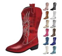 Bottes pour femme Cowboy Demi-tige Brodées Fête Vintage Boots Hautes Originales Bottine Talon Haut Antidérapant Chaussures Confortables Mode Botte Sans Lacets pour Hiver Automne Printemps, rouge, 40