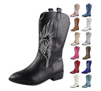 Bottes pour femme Cowboy Demi-tige Brodées Fête Vintage Boots Hautes Originales Bottine Talon Haut Antidérapant Chaussures Confortables Mode Botte Sans Lacets pour Hiver Automne Printemps, Noir , 37